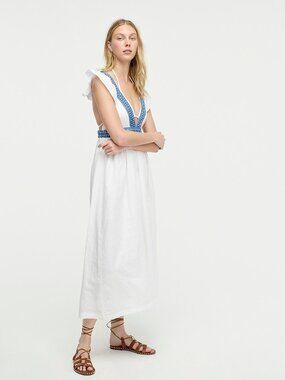 j crew ruffle deep v neck beach dress J. Crew Cotton Voile Ruffle Stripe Midi Dress Beach Coastal Blue White Sz M NWT